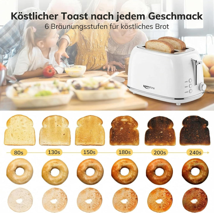 Keenstone Toaster 2 Scheiben, Retro Edelstahl Toaster mit breitem Schlitz, 6 Bräunungsstufen, mit Wa