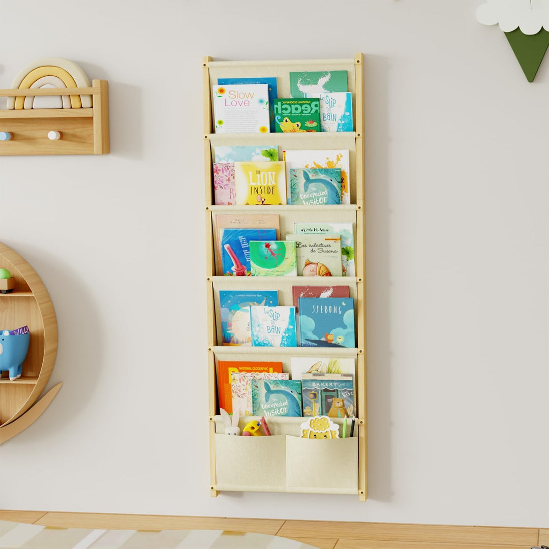 Bücherregal Kinder Wand Holz, mit 6 Lagige Taschen Wandregal Bücher Kinder, Montessori Bücherregal f