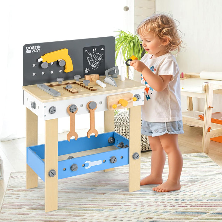 COSTWAY Werkbank Kinder, Kinderwerkbank Holz mit Stecktafel, Kreidetafel und Ablageregal, Werkzeugba