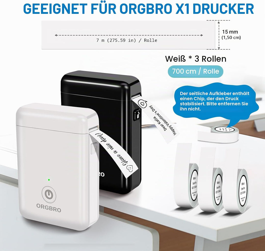 ORGBRO Etikettenband, Original Angepasstes X1 Thermodruck-Etikettenpapier 15mm×7m, Standard Kaschier
