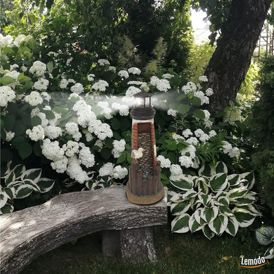 NATIV Gartenbrunnen Leuchtturm mit Möwe | Zierbrunnen mit solarbetriebenem, rotierendem Leuchtfeuer