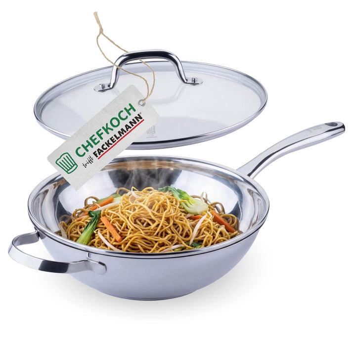FACKELMANN Chefkoch trifft Wok Rosenheim – Ø28 cm, Glasdeckel inkl. Dampföffnung und Aluminiumkern,