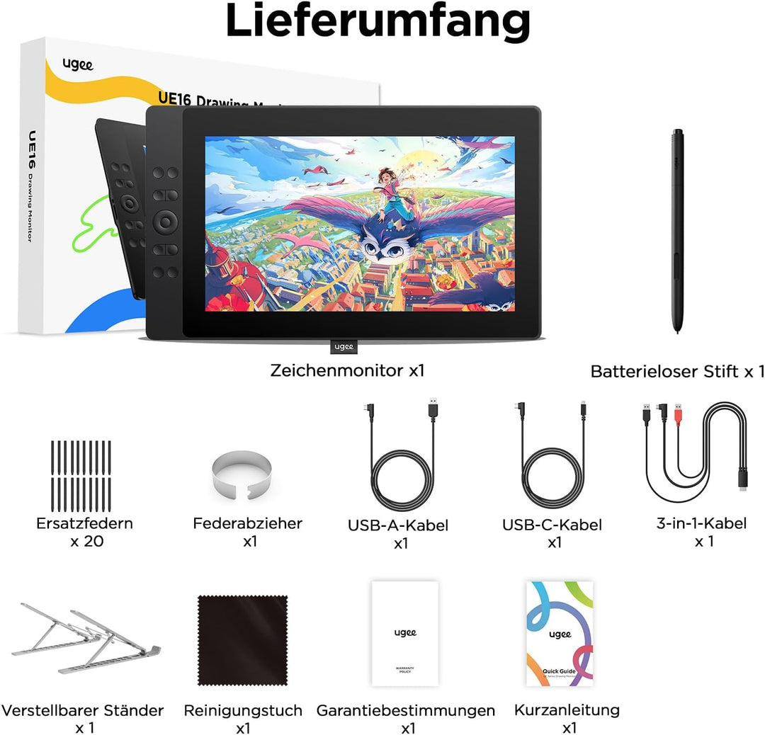 ugee Grafiktablett mit Display, UE16 FHD IPS 15.4 Zoll Grafiktabletts mit 143% sRGB Bildschirm, 16K