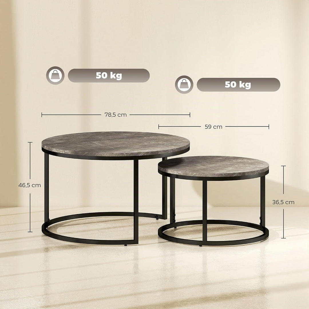 HOMCOM Couchtisch rund 2er Set Wohnzimmertisch Beistelltisch mit Metallrahmen, Satztisch mit Marmoro