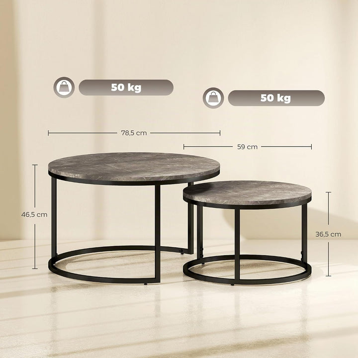 HOMCOM Couchtisch rund 2er Set Wohnzimmertisch Beistelltisch mit Metallrahmen, Satztisch mit Marmoro