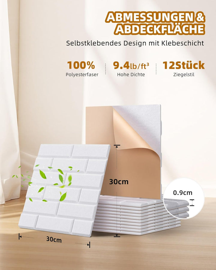 Jamelo 12 Stück Selbstklebende Akustikpaneele, 30x30x0,9cm，3D Hochdichte Ziegelstein-Akustikpaneele，