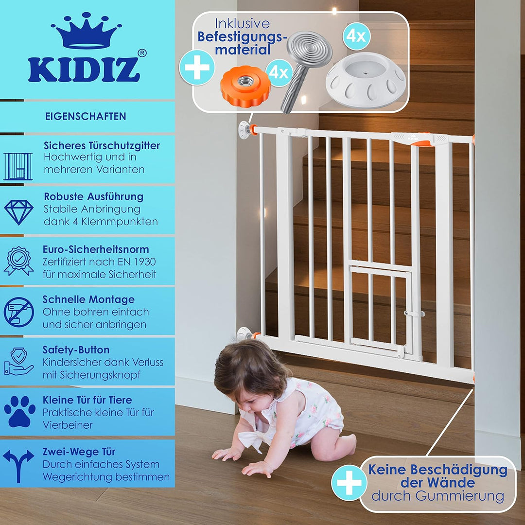 KIDIZ® Türschutzgitter Absperrgitter Treppengitter Kindergitter | mit Türe für Hunde und Katzen, Hau