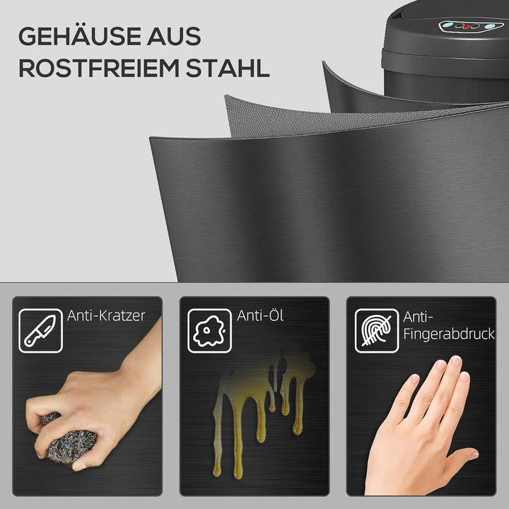 HOMCOM Mülleimer mit Sensor 50L Edelstahl Automatischer Leiser Mülleimer mit Soft-Close-Deckel, Bewe