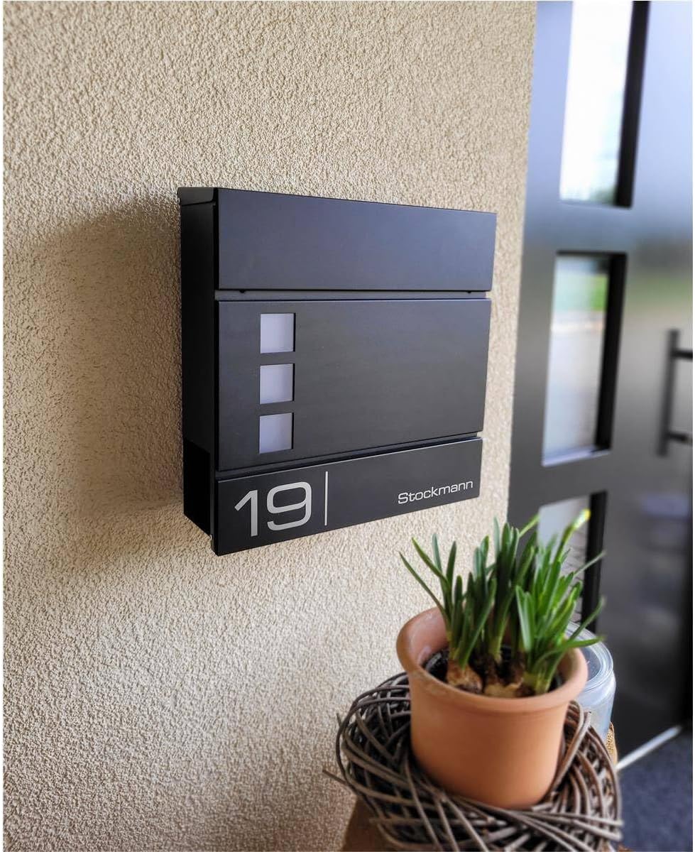 Metzler Briefkasten in Anthrazit RAL 7016 Cube - Name & Hausnummer als Lasergravur - Design Wandbrie