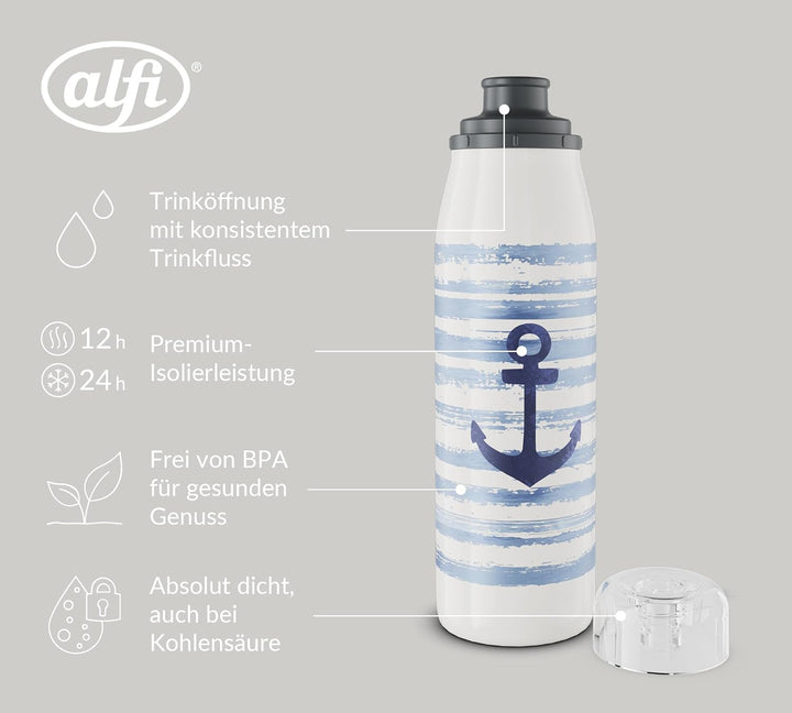 alfi KIDS ISO BOTTLE 500ml, Blau Weiss Anker, Isoliertrinkflasche Kinder Edelstahl, absolut dicht mi