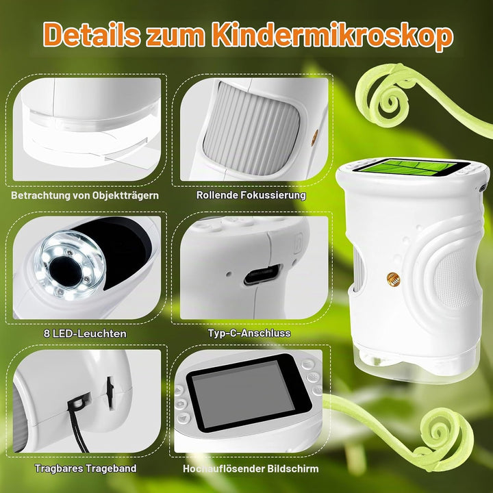 LURICO Digitales Mikroskop für Kinder | Tragbares Taschenmikroskop mit 1000x Vergrösserung &amp; 2-Zoll