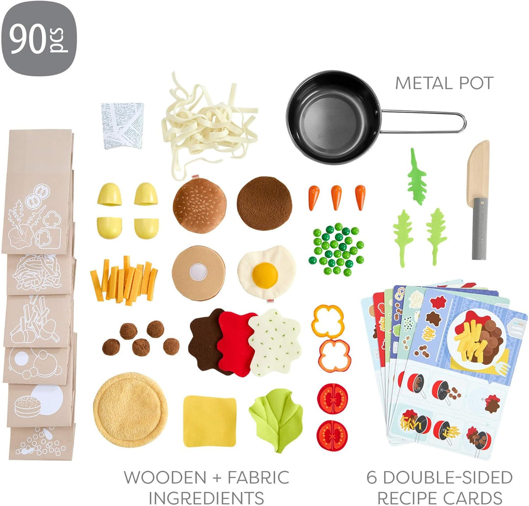 HABA Creative Play – Fresh Box Kochbox – Spielzeug-Lebensmittel aus Holz & Stoff, mit Rezeptkarten z