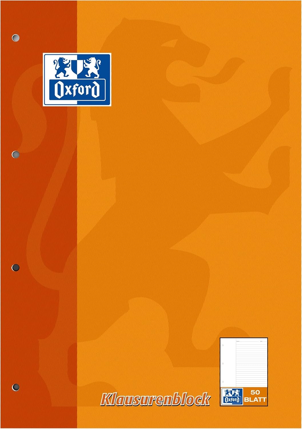 Oxford Schule Klausuren-Block A4, liniert mit Rand, 50 Blatt, orange, 5 Stück Single, Single