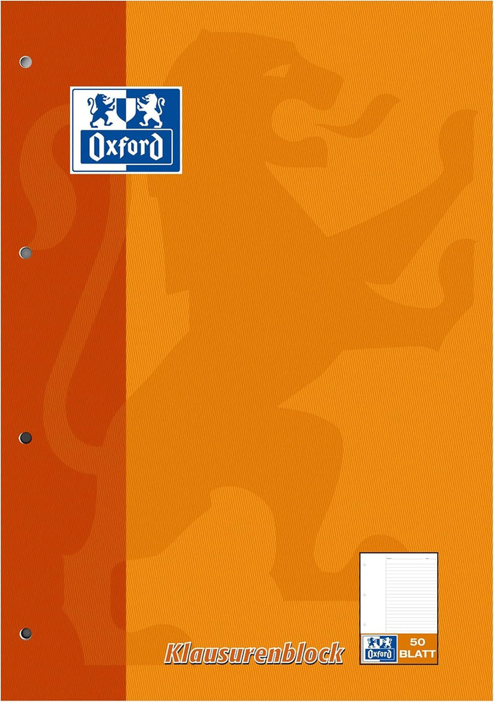 Oxford Schule Klausuren-Block A4, liniert mit Rand, 50 Blatt, orange, 5 Stück Single, Single