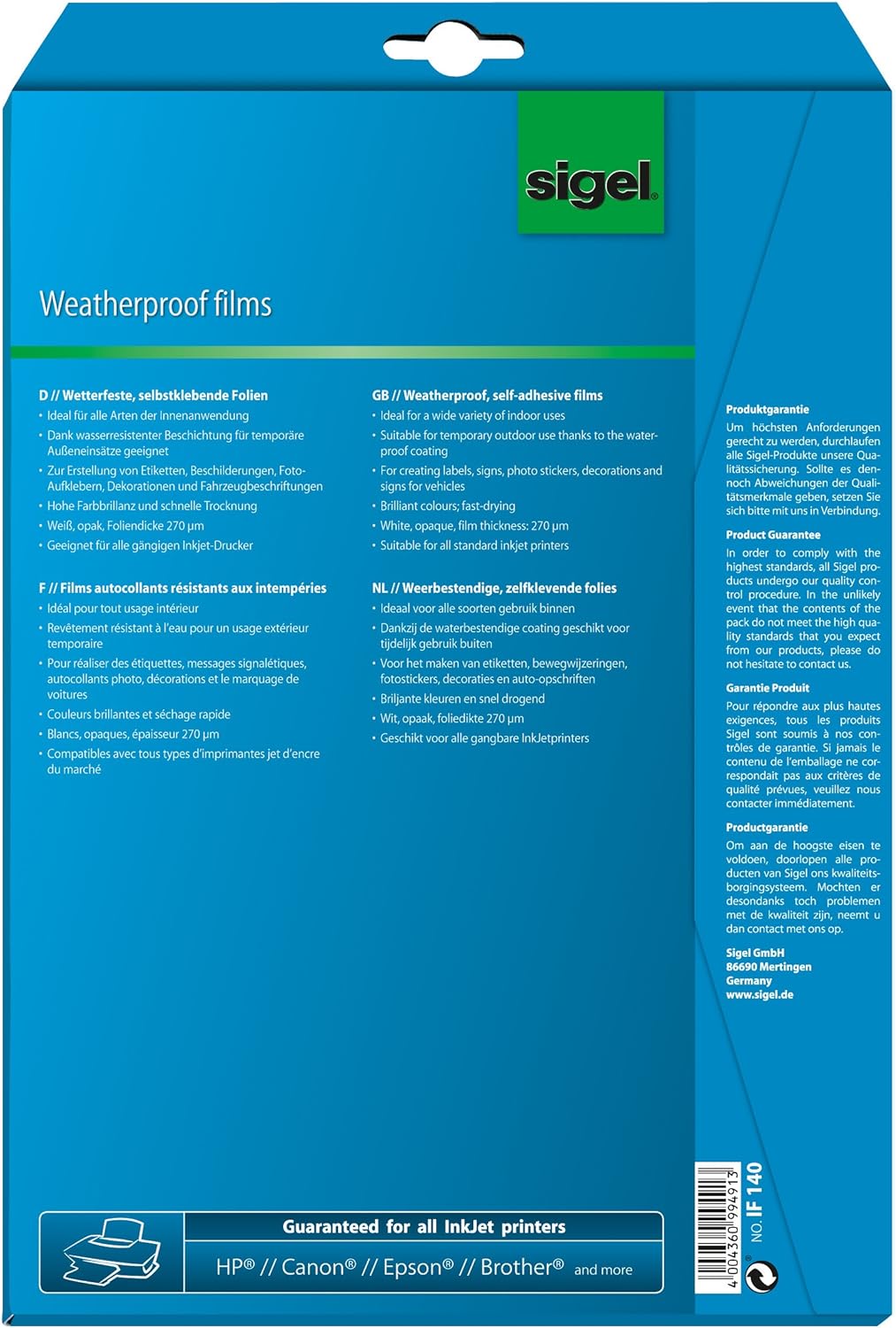 SIGEL IF140 InkJet-Folien A4, 10 Blatt, wetterfest, opak, selbstklebend, für Innenanwendungen und ku