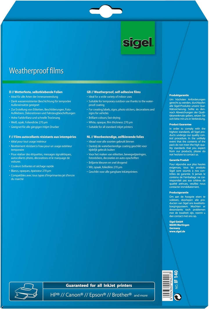 SIGEL IF140 InkJet-Folien A4, 10 Blatt, wetterfest, opak, selbstklebend, für Innenanwendungen und ku