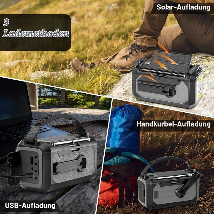 12000mAh Kurbelradio mit Handyladefunktion, Solar Radio mit 2 Sonnenkollektoren, AM/FM Tragbar Notfa