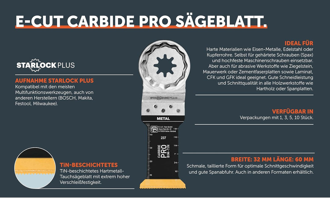 FEIN E-Cut Carbide Pro Sägeblatt , Ve. 1 St., Breite 32 mm, Länge 60 mm, Aufnahme Starlock Plus, TiN