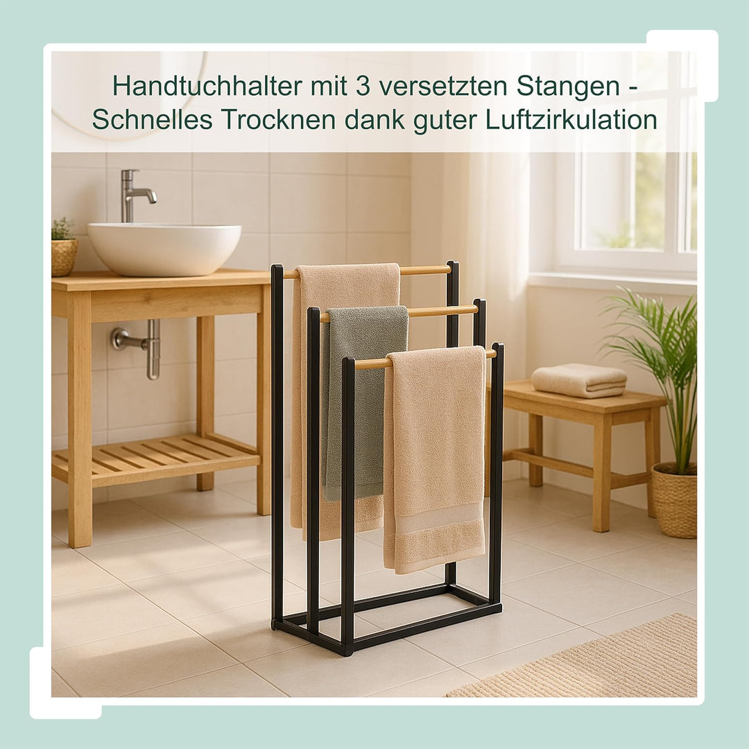 Relaxdays Handtuchständer, HBT: 76 x 45 x 21,5 cm, Metall, Bambus, 3 Stangen, Handtuchhalter stehend
