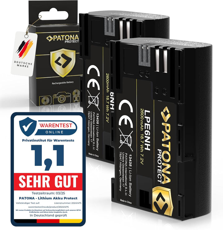 PATONA 2x PROTECT LP-E6NH Akku 2600mAh Ersatzakku kompatibel mit Canon EOS R5 R6 R6II R7 5D Mark II