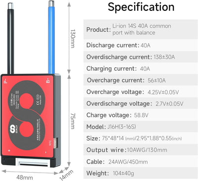 DALY 3S-24S BMS 15A bis 200A Schutzplatine mit Ausgleichsdraht und Temperatursensor für Lithium-Akku