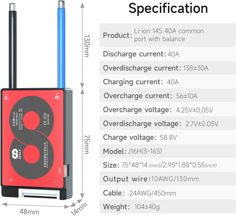 DALY 3S-24S BMS 15A bis 200A Schutzplatine mit Ausgleichsdraht und Temperatursensor für Lithium-Akku