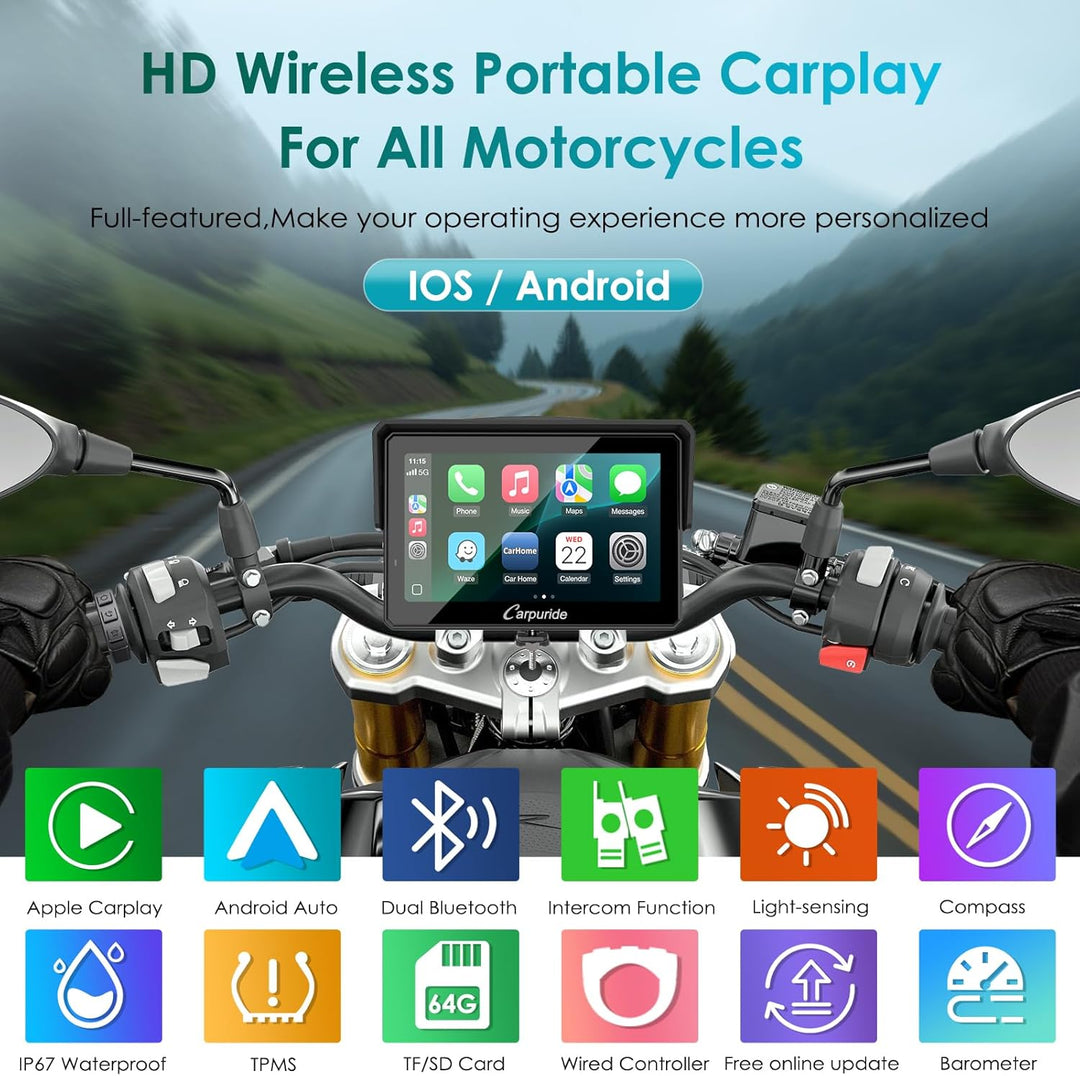 Carpuride W502S PRO Motorrad-GPS, kabelloses Carplay/Android Auto, Wasserdichter 5-Zoll-Motorrad-Tou