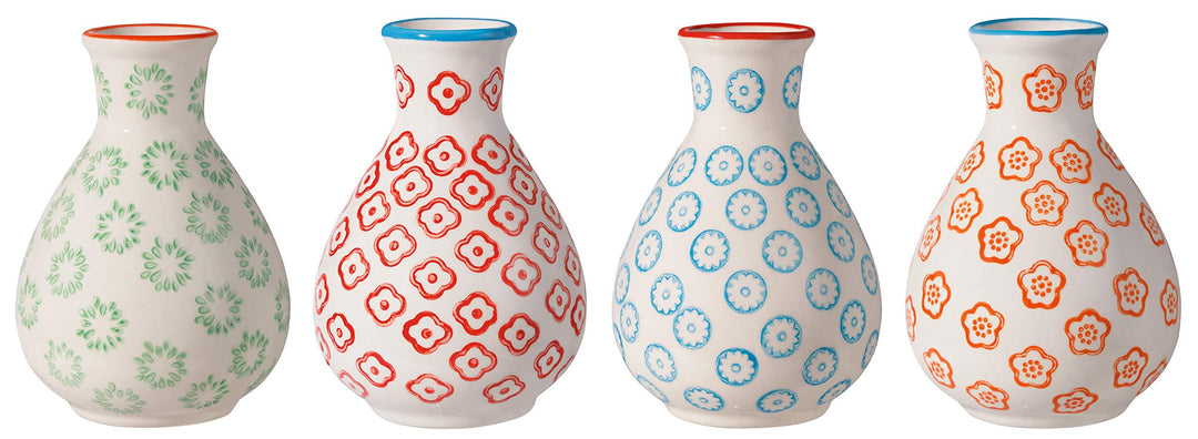 Bloomingville Vasen Emma Retro kleine ø 6,5 H 11 cm, blau rot orange grün, Keramik, 4er Set