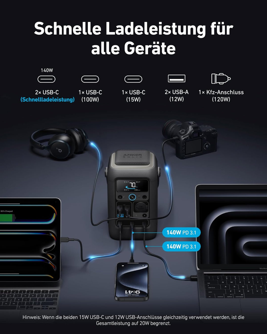 Anker SOLIX C300X DC Tragbare Powerstation, 288Wh LiFePO4-Akku, 300W Solargenerator, für Outdoor, Ca