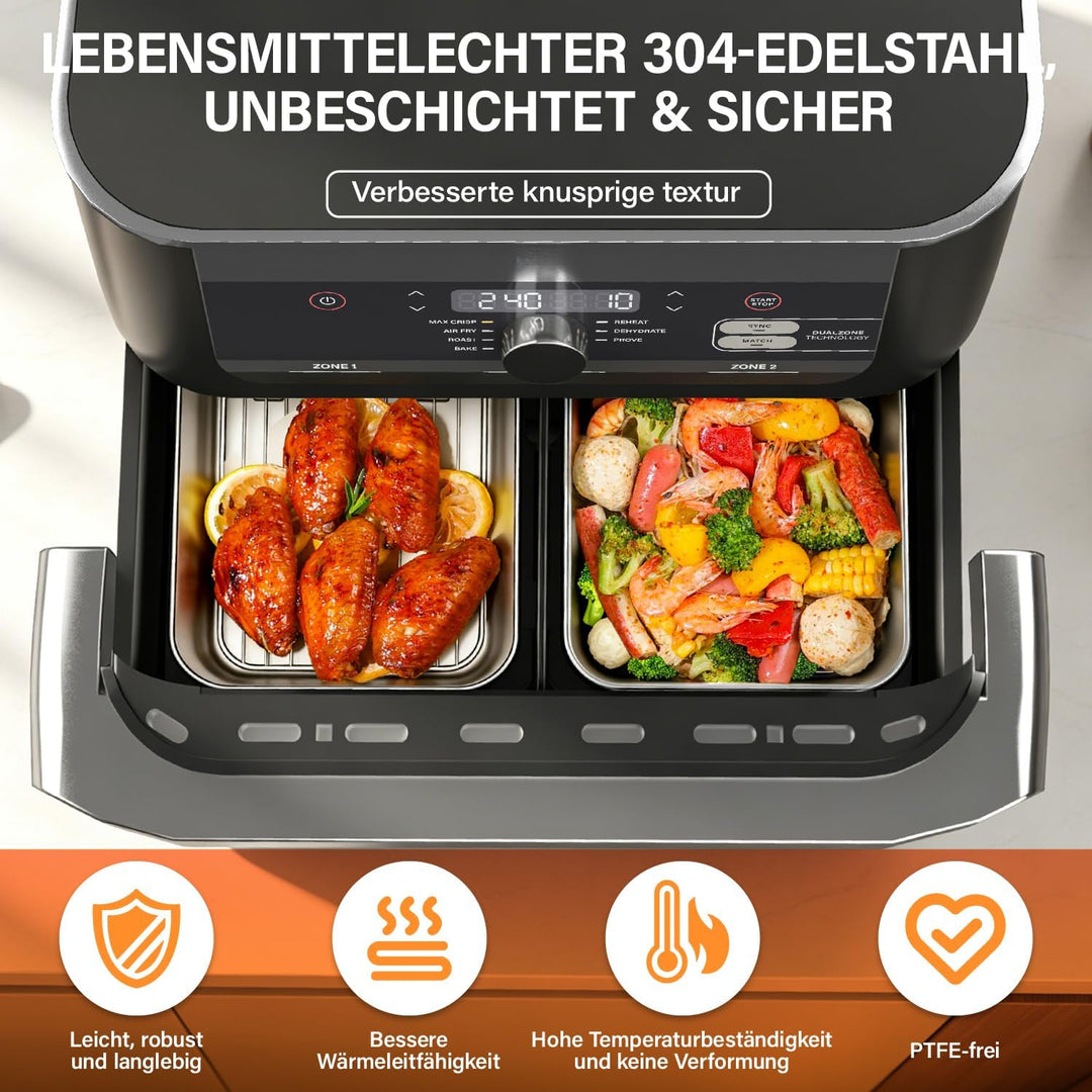 Airfryer Zubehör, Auflaufform Airfryer aus Edelstahl 304, 14-teilig mit Auflaufform, Fettablaufgitte