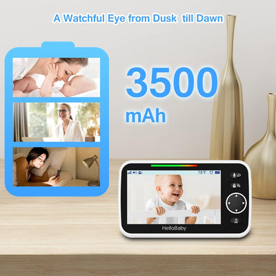 HelloBaby Monitor mit Kamera und Audio, 12,7 cm (5 Zoll) grosser Bildschirm mit 3500 mAh Akku, Ferns