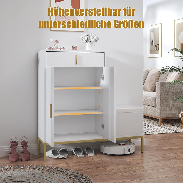 KEEPREAPER Schuhschrank Tiefe 30cm Schuhkommode Weiss + Gold