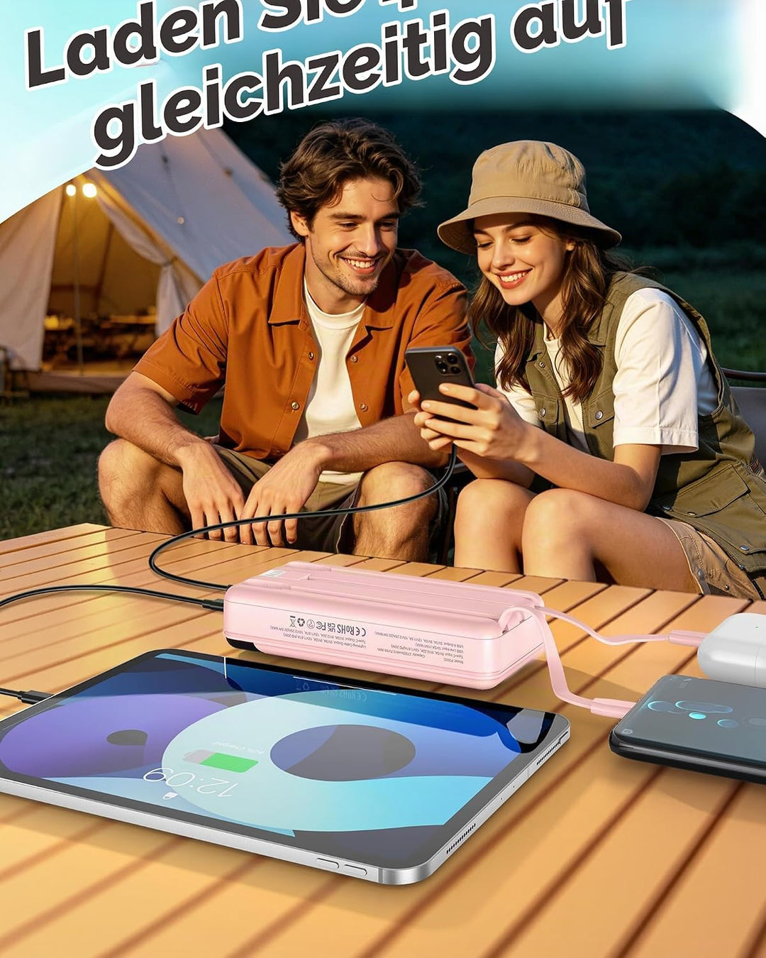 Enerwow Power Bank 27000mAh 22.5W Schnellladen mit Integriertem USB-C Kabel | Externer Akkupack 4 Au