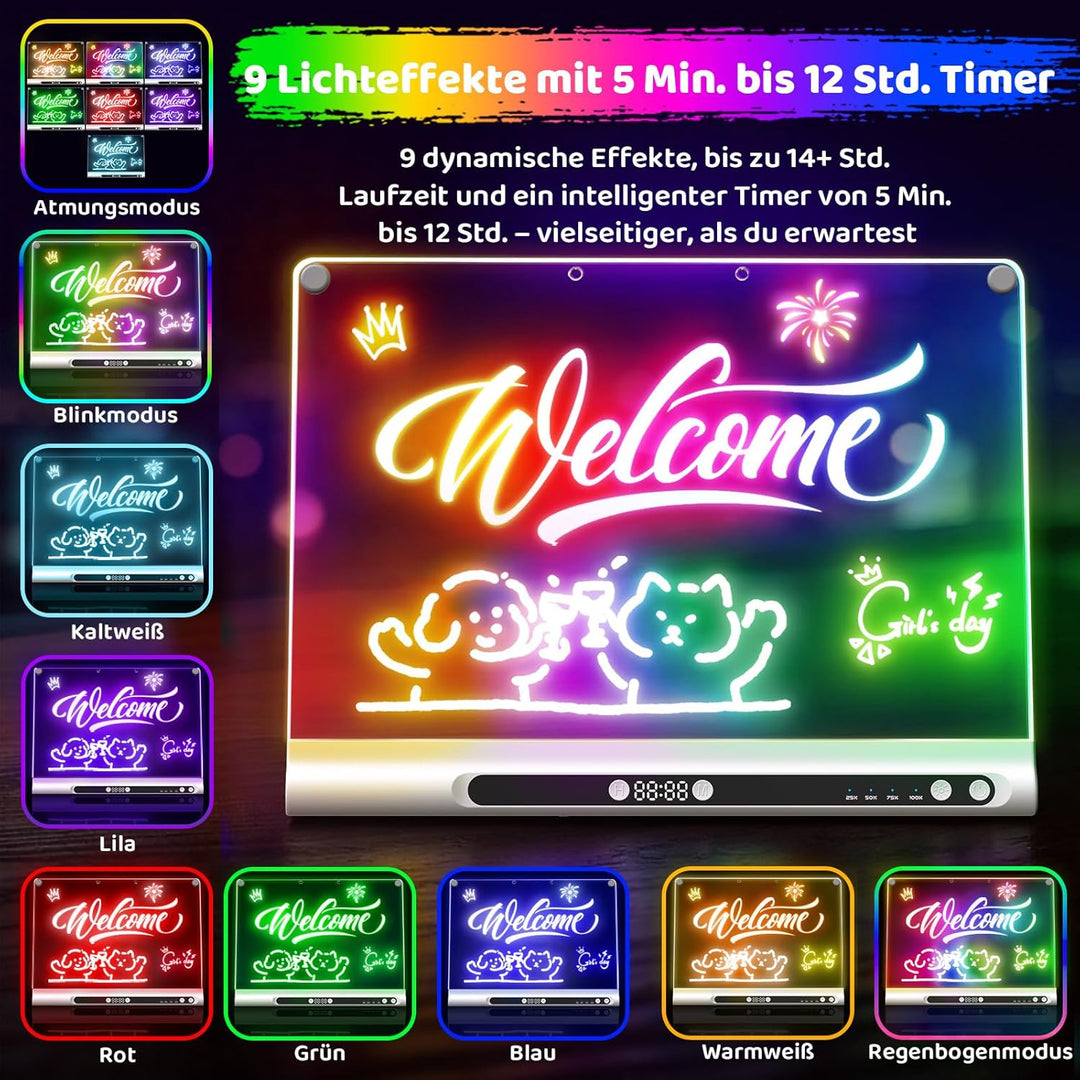 LED-Zeichenbrett Wiederaufladbares 41 cm, 9 Lichtmodi mit Timer, Neon-Trockenlöschtafel mit Ständer,