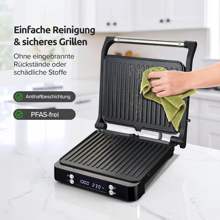 Olvy Sandwichmaker XXL, Digitaler Kontaktgrill mit Antihaftplatten, 3-in-1 Panini Maker, 180° offene
