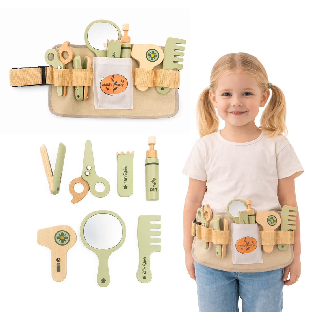 mamabrum Friseur Set Kinder Holz 8tlg Friseurkoffer mit Gürtel Zubehör Spielzeug Friseurspiel Set Ro
