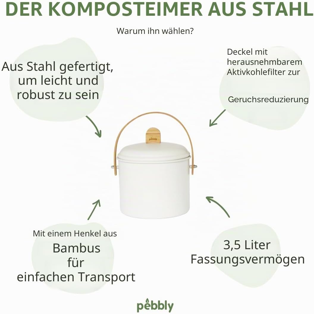 Pebbly NBA202 Komposteimer 3,5 l – Creme KOMPOST-EIMER S, Metall, Bambus, Kohle