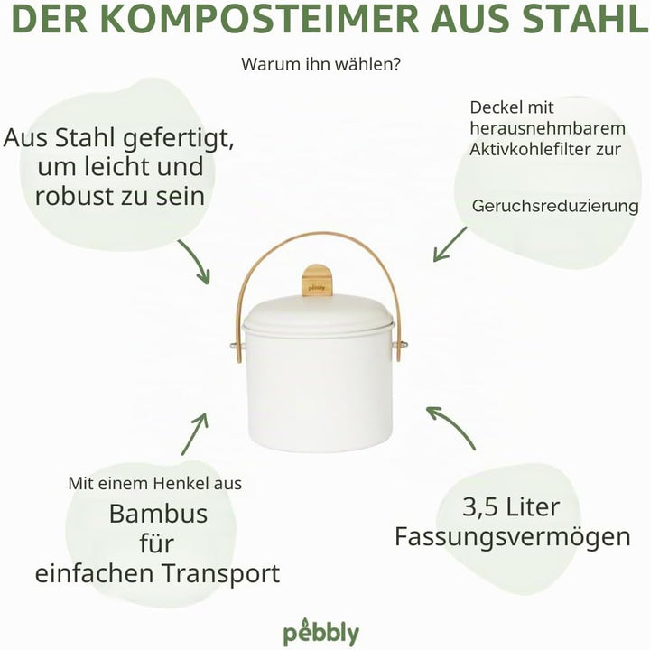 Pebbly NBA202 Komposteimer 3,5 l – Creme KOMPOST-EIMER S, Metall, Bambus, Kohle