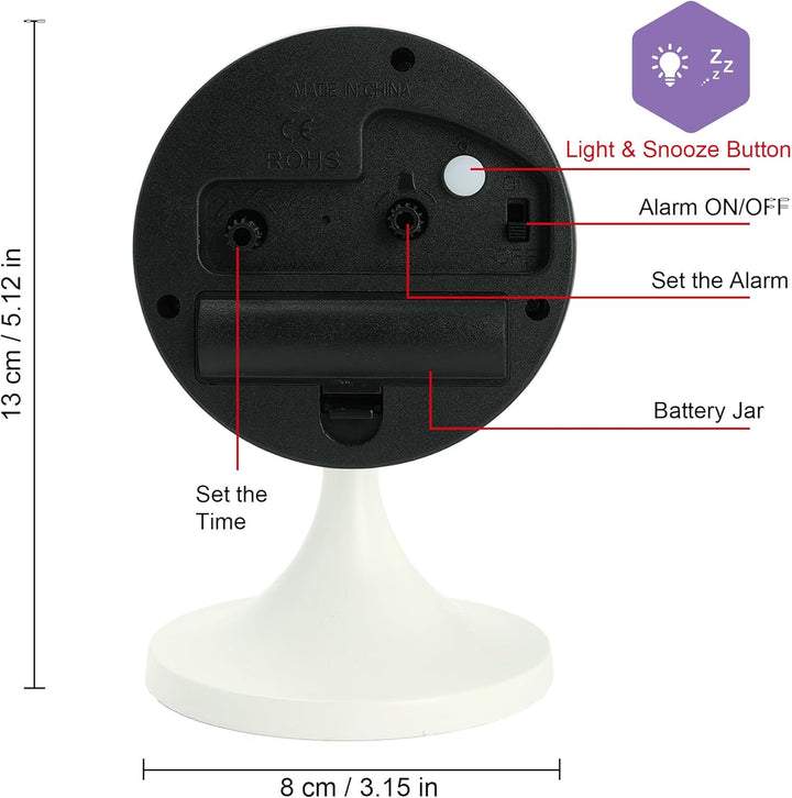 Lafocuse Metall Wecker Weiss Retro Klassisch, Wecker Lautlos Ohne Ticken mit Nachtlicht und Schlumme