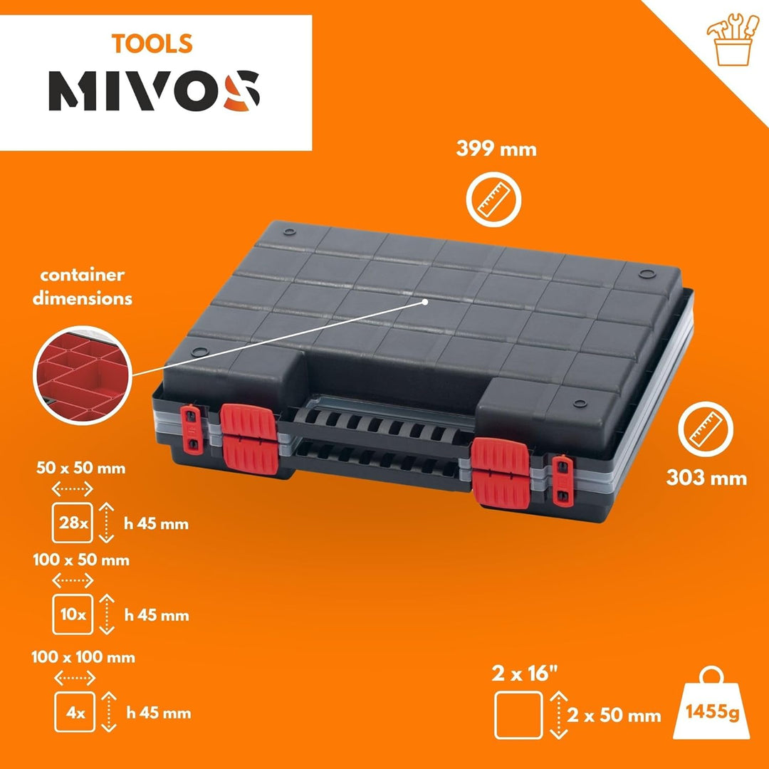 Mivos Doppelseitig Sortimentskasten 399 x 303 x 100 mm - 2 Seitig Sortierkasten Kleinteile mit 42 Ei