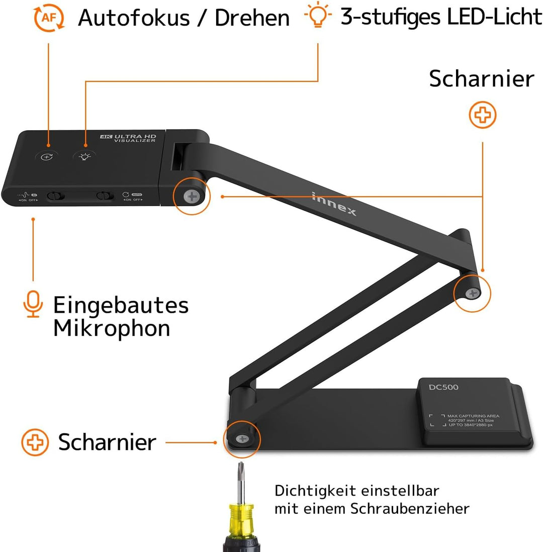 Innex DC500, Tragbare 13MP 4K USB Dokumentenkamera und Webcam, Rauschunterdrückungsmikrofon, Dualer