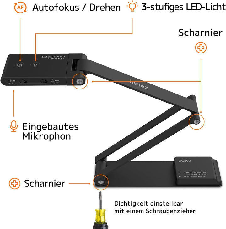 Innex DC500, Tragbare 13MP 4K USB Dokumentenkamera und Webcam, Rauschunterdrückungsmikrofon, Dualer