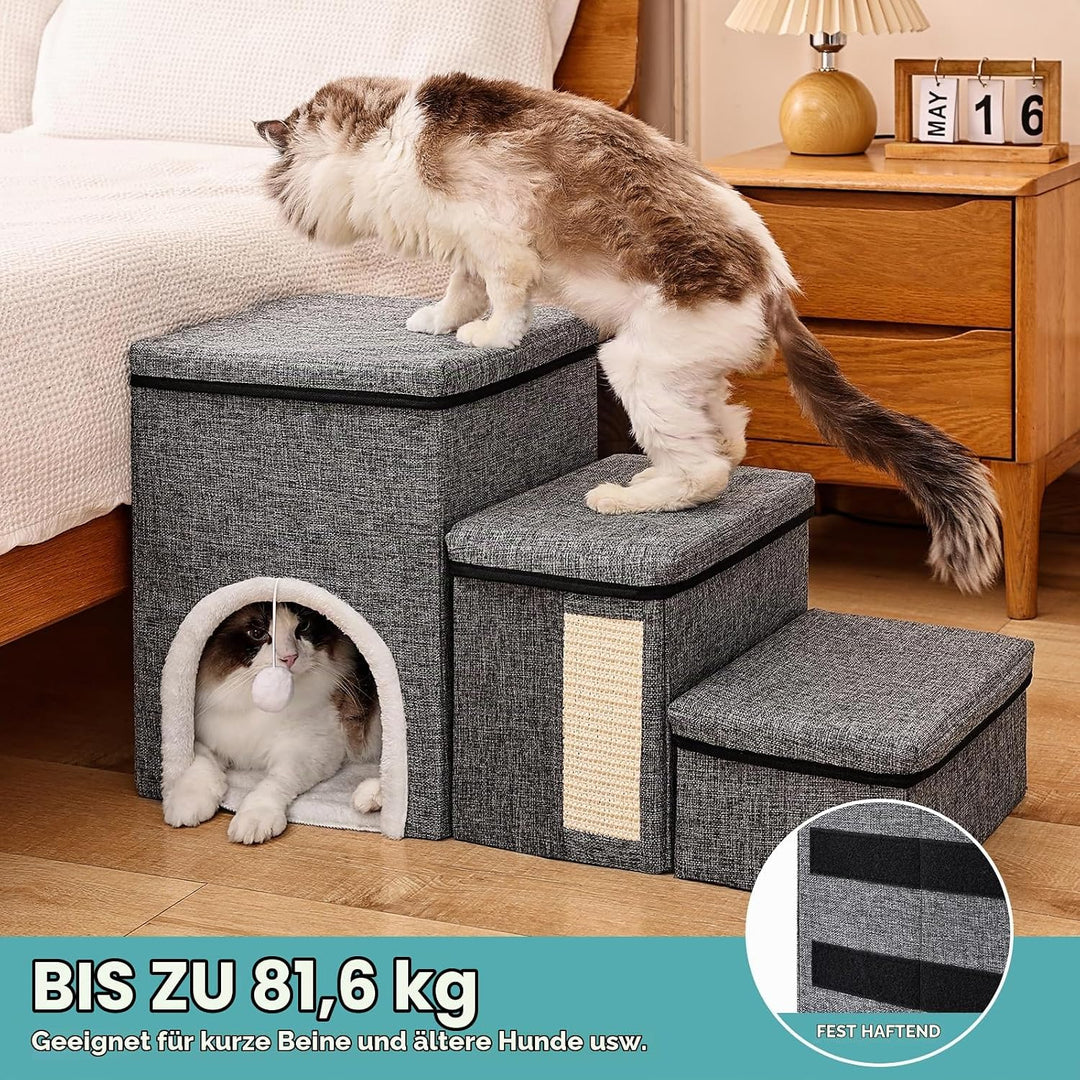 4 in 1 Faltbare Hundetreppe für Bett &amp; Sofa, 3 Stufen Haustierleiter mit Aufbewahrungsboxen, Katzenh