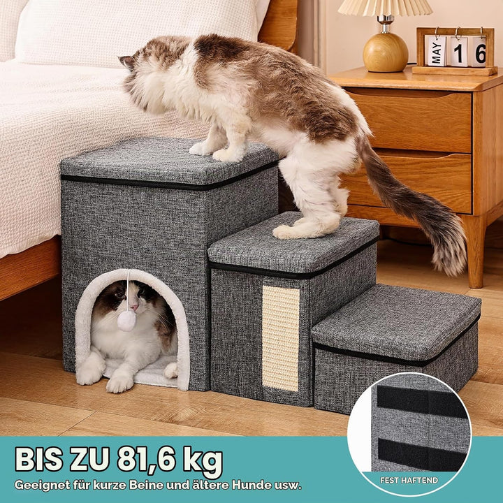 4 in 1 Faltbare Hundetreppe für Bett &amp; Sofa, 3 Stufen Haustierleiter mit Aufbewahrungsboxen, Katzenh