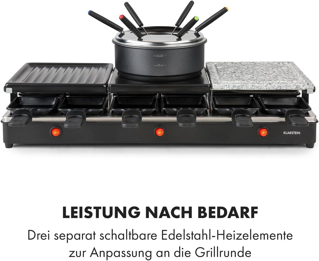 Klarstein Fonduelette XL - 3-in-1 Raclette-Grill & Fondue, 1650 Watt, 3-in-1 Grill: Metall- /Naturst