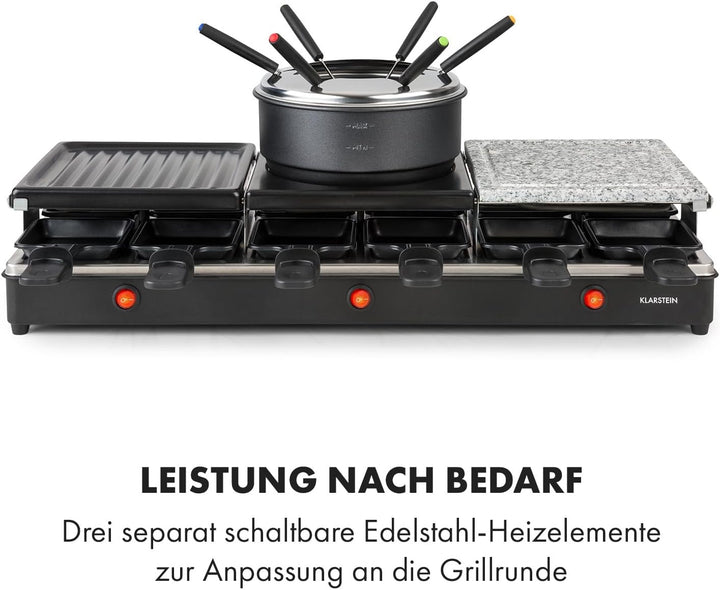 Klarstein Fonduelette XL - 3-in-1 Raclette-Grill & Fondue, 1650 Watt, 3-in-1 Grill: Metall- /Naturst
