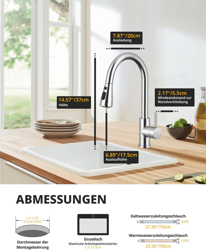 Küchenarmatur, Ausziehbarer Wasserhahn mit Edelstahl-Sprühbrause und 3 Sprühfunktionen, 360° schwenk