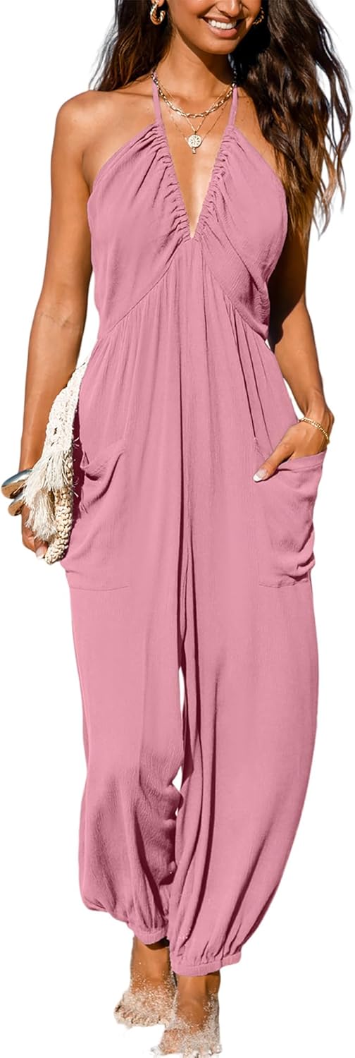 CUPSHE Damen Jumpsuit Neckholder Tiefer V Ausschnitt Rückenfrei Ärmellos Lang Weites Bein Overall Ho
