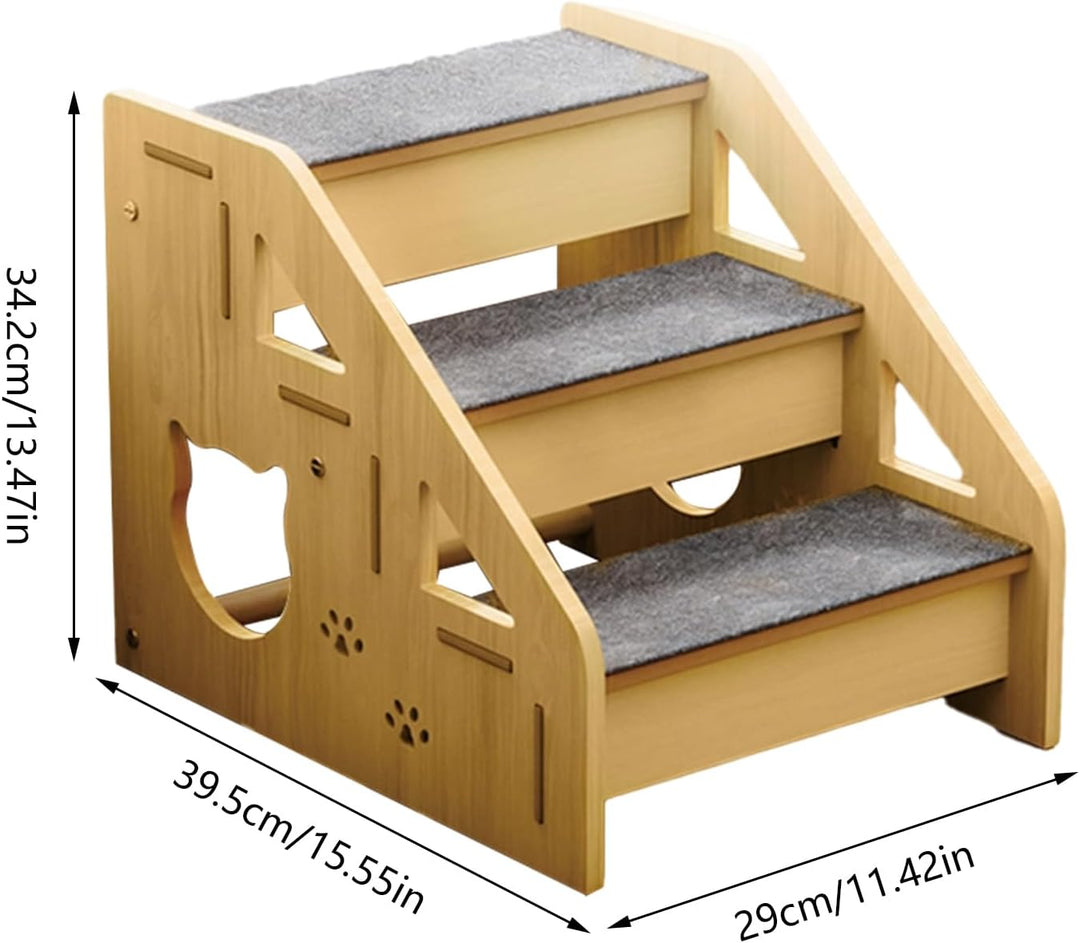 Hunderampe,Stabile rutschfeste Holztreppe für Hunde und Katzen - 3-Stufen-Hundetreppe für hohe Bette