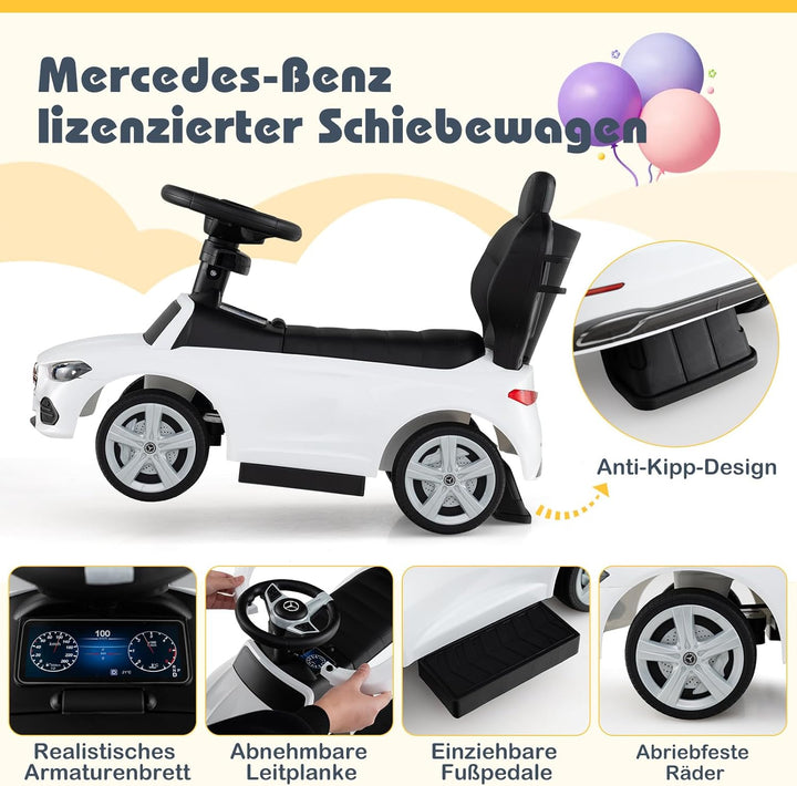 COSTWAY Mercedes-Benz Rutschauto, 3-in-1 Rutschfahrzeug mit Schiebegriff, Stauraum & Lenkschieber, S